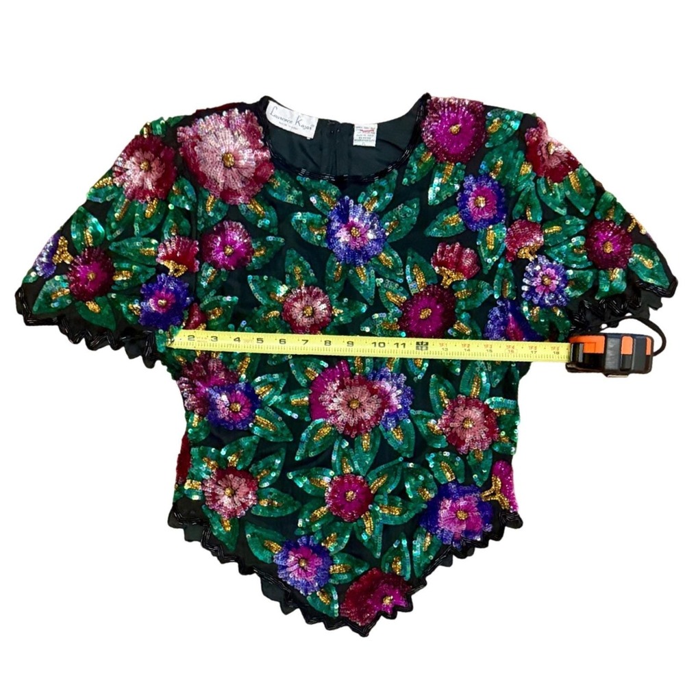 Vintage Laurence Kazar Silk Sequin Beaded Top 80s 90s Floral Scalloped Blouse - Picture 9 of 12